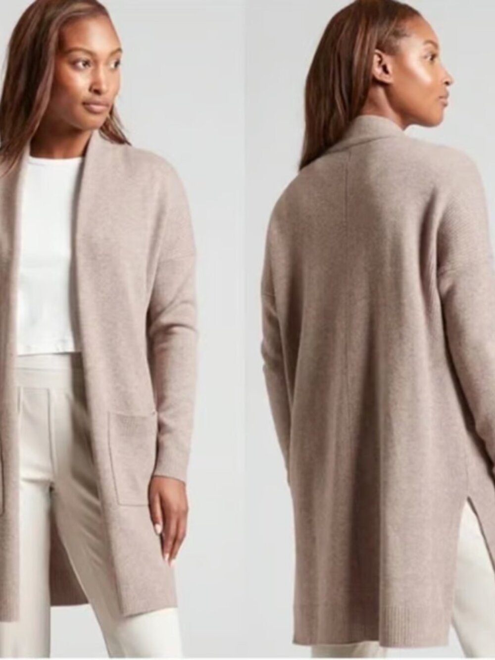 Athleta Spirit Wool Cashmere Wrap Sweater Quiet Luxury Long-Lined Taupe Sz M